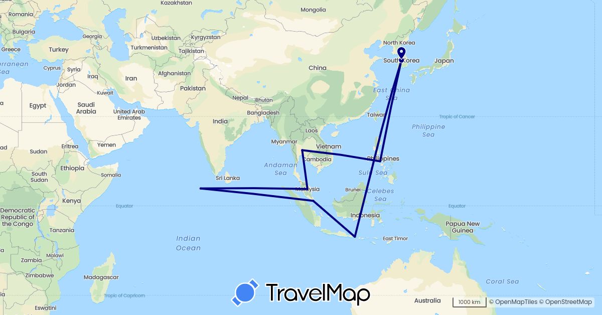 TravelMap itinerary: driving in Indonesia, South Korea, Maldives, Malaysia, Philippines, Singapore, Thailand (Asia)
